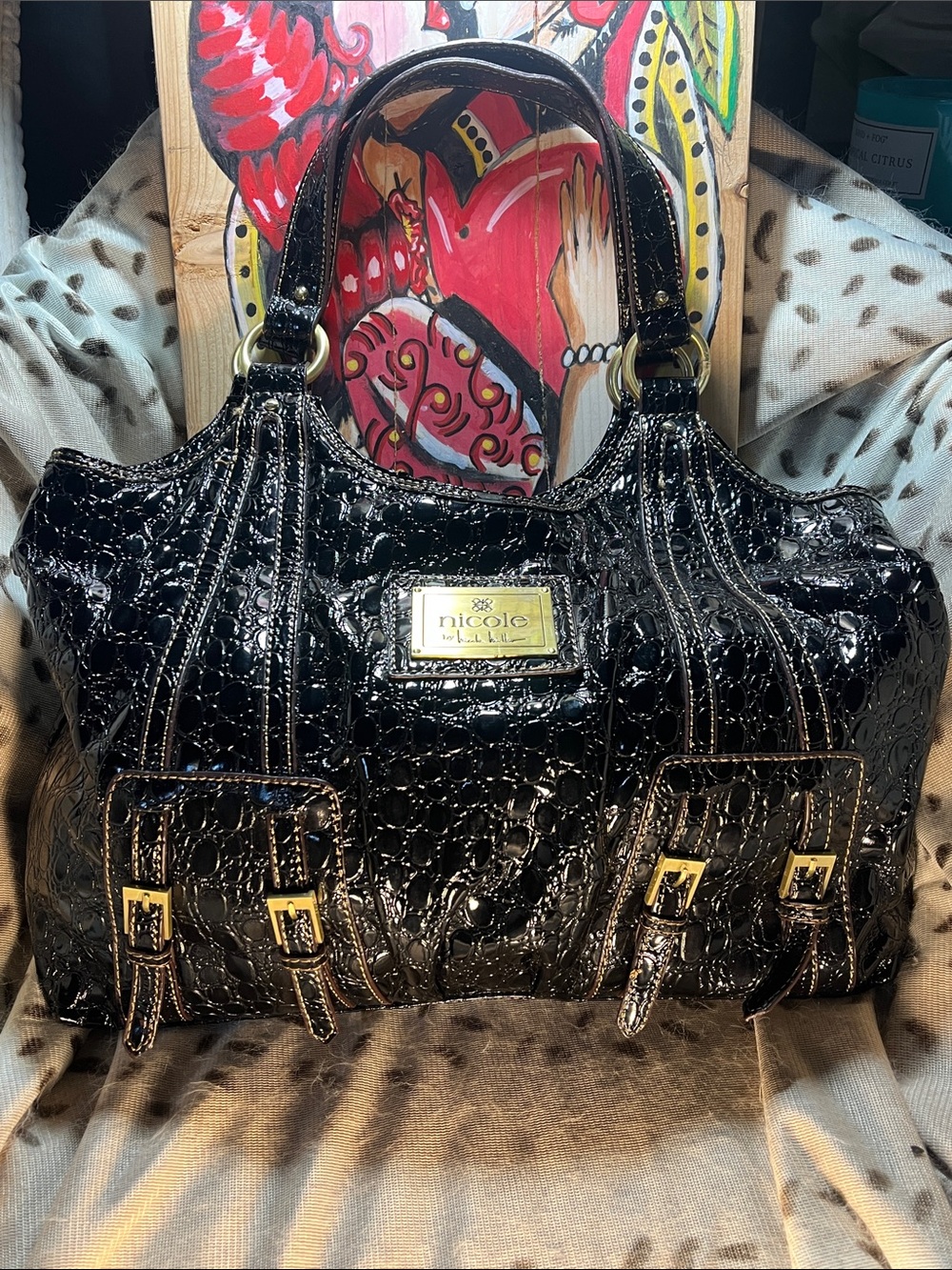 Nicole Miller Black Patent Croc-Embossed Satchel with Gold Hardware(P15)